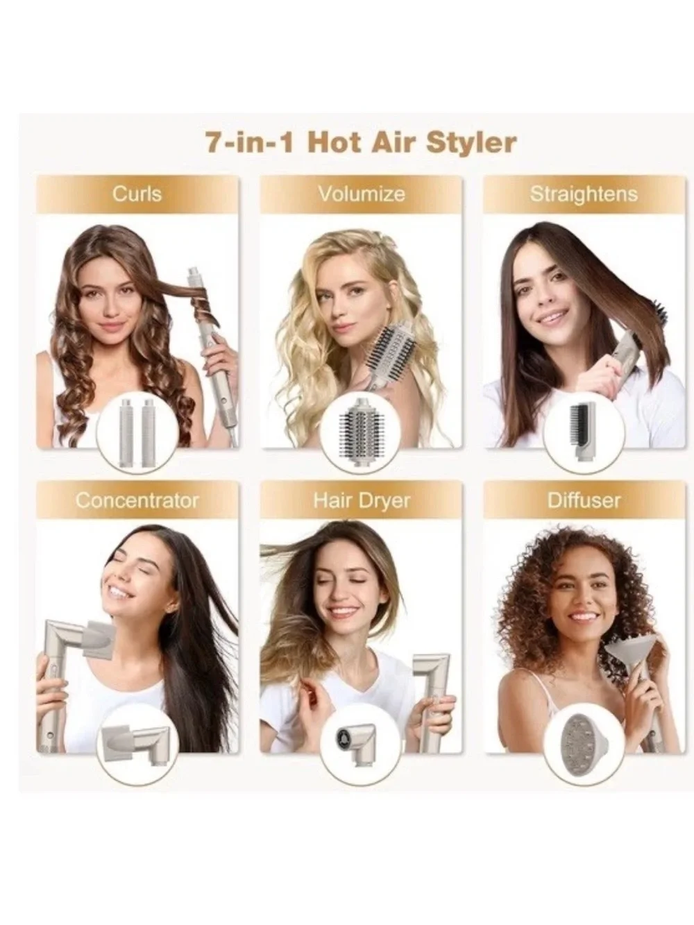 7MAGIC TD-2301 7-in-1 Hot Air Styler Set with Travel Case (Champagne Gold)